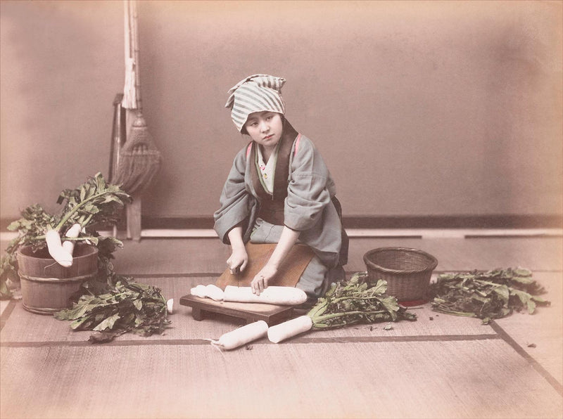 Hand Colored Photography, Japan - Woman Cutting Daikon
