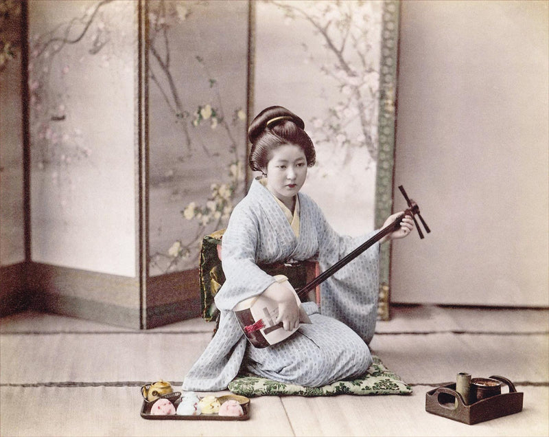 Hand Colored Photography, Japan - Woman Playing Shamisen 