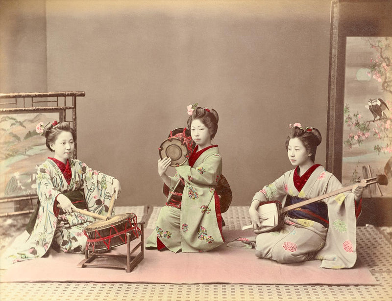 Hand Colored Photography, Japan - Girls Playing Shamisen and Fluya