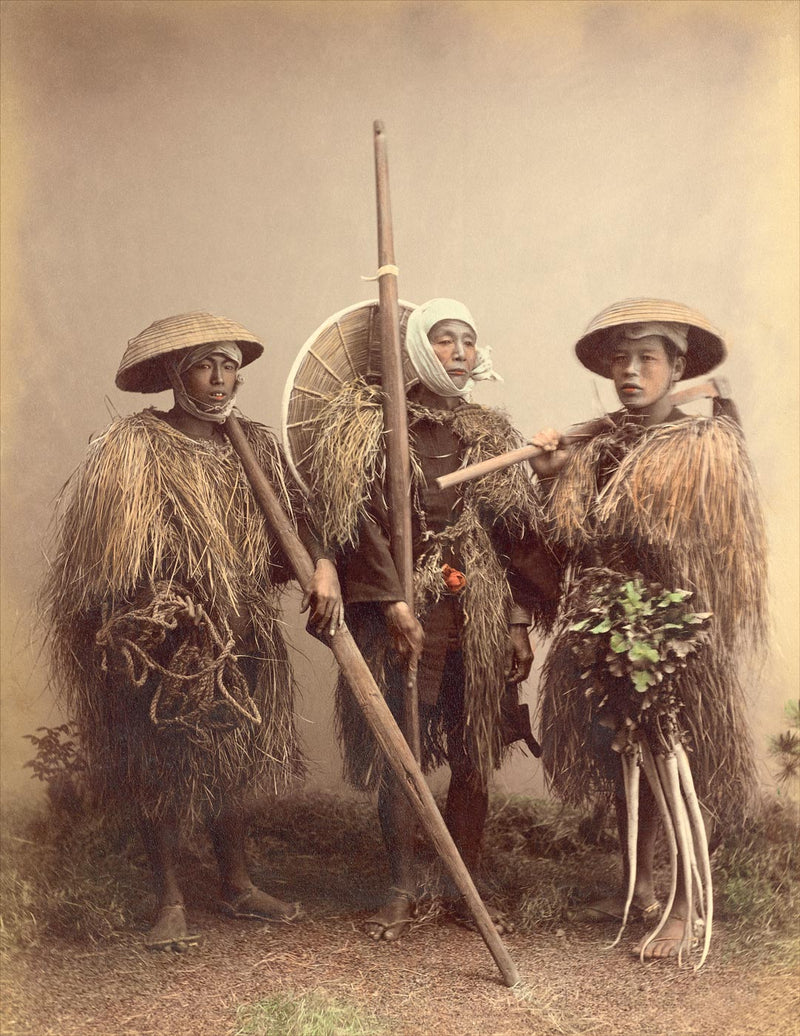 Hand Colored Photography, Japan - Men with Straw Raincoats