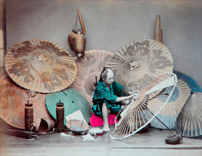 Hand Colored Photography, Japan - Man Making Umbrellas