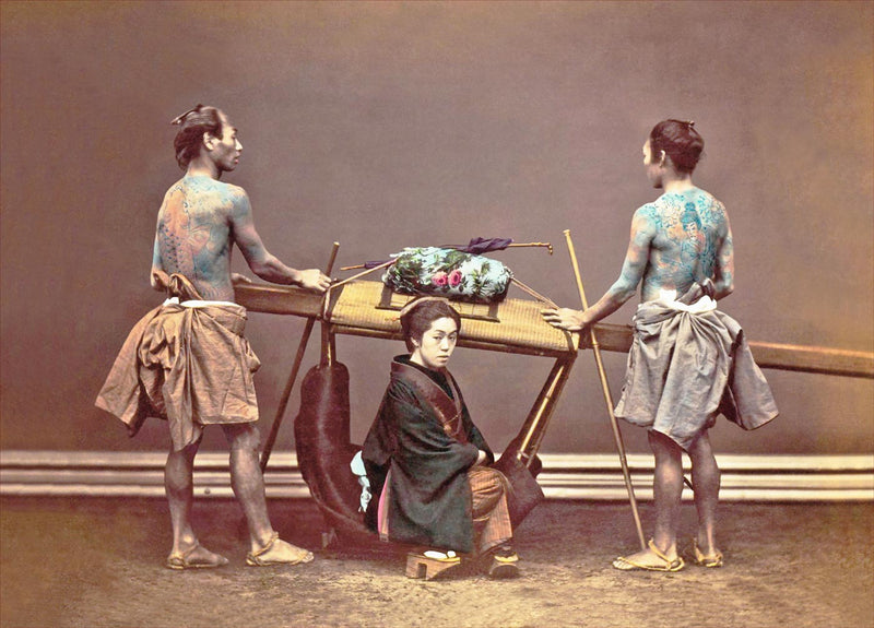 Hand Colored Photography, Japan - Woman in a Kago with Two Tattooed Bearers