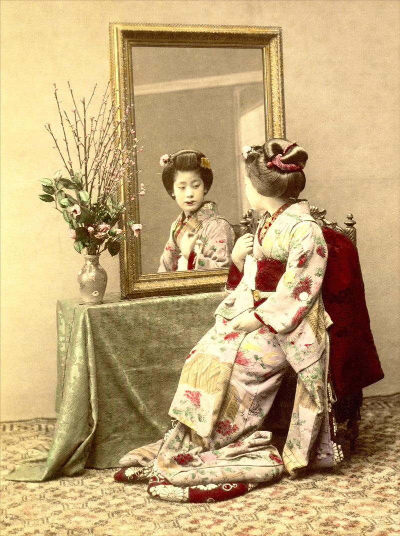 Hand Colored Photography, Japan - Geisha in Front of a Mirror