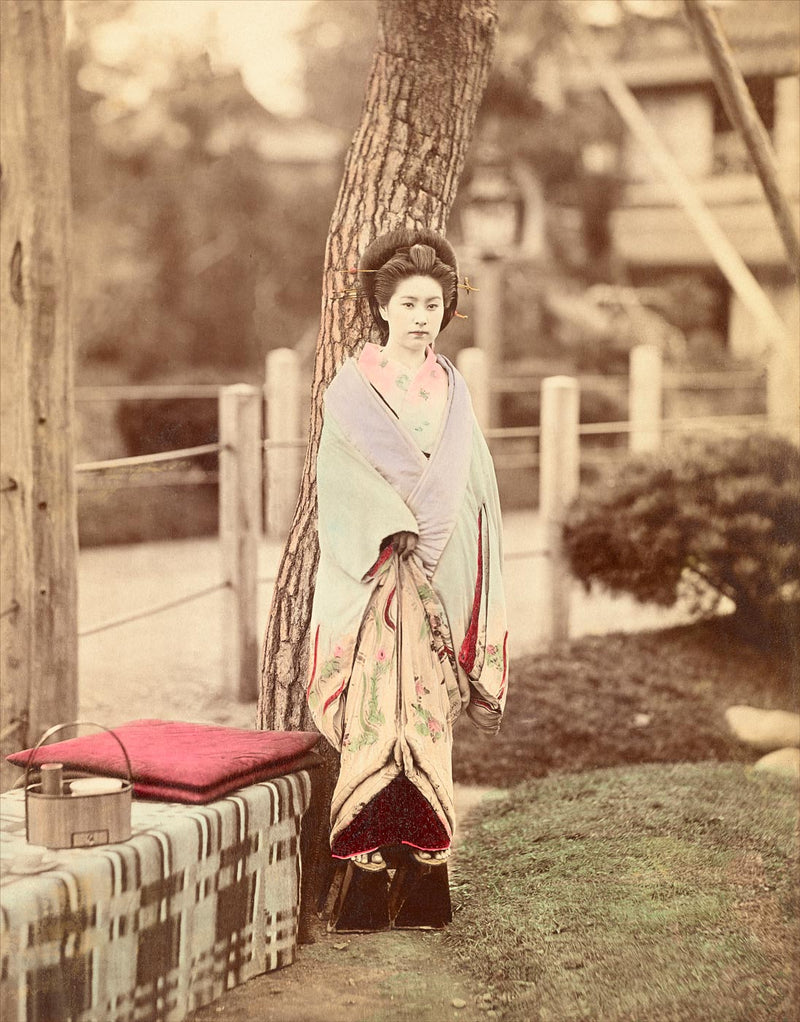 Hand Colored Photography, Japan - Geisha Standing Near Tree