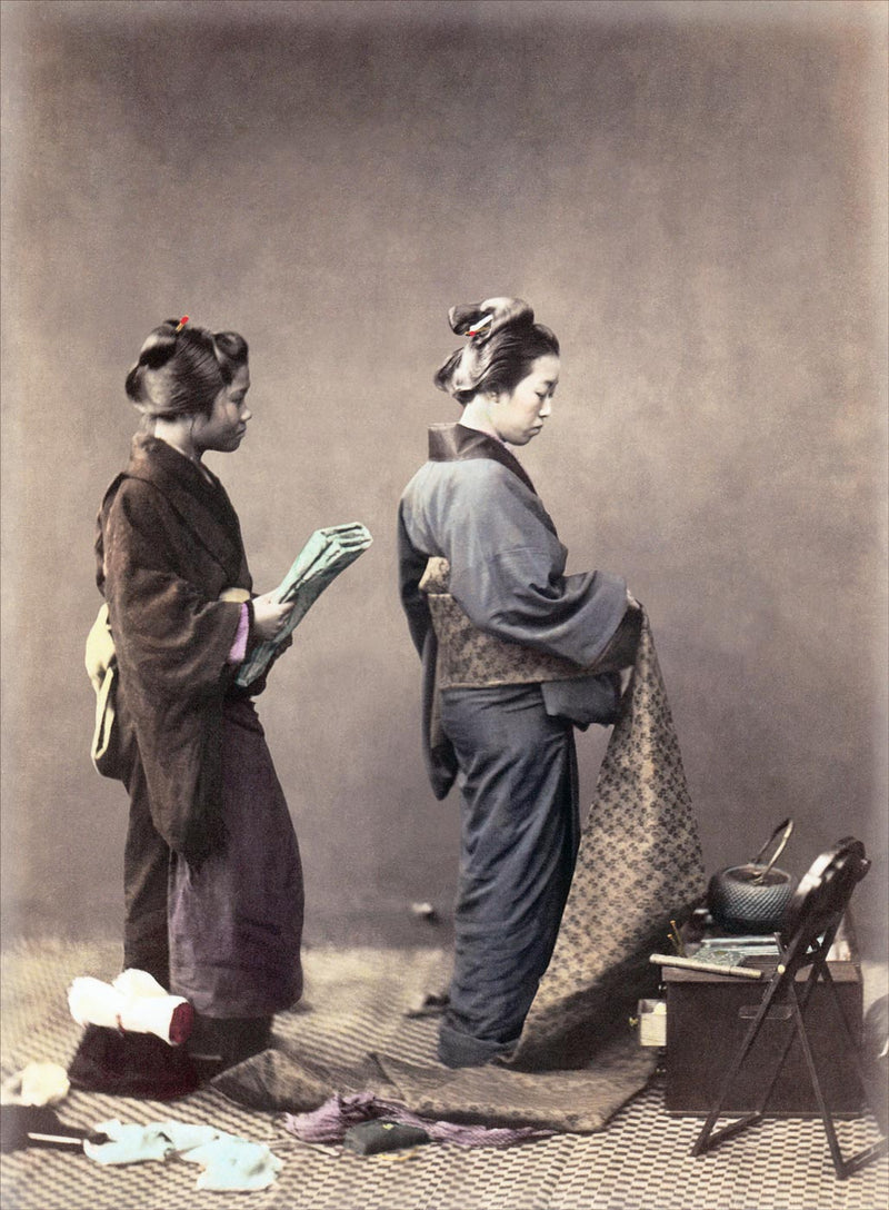 Hand Colored Photography, Japan - Geisha Putting on the Obi 