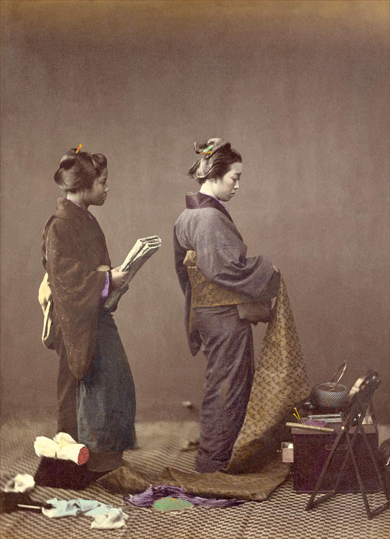 Hand Colored Photography, Japan - Putting on the Obi 