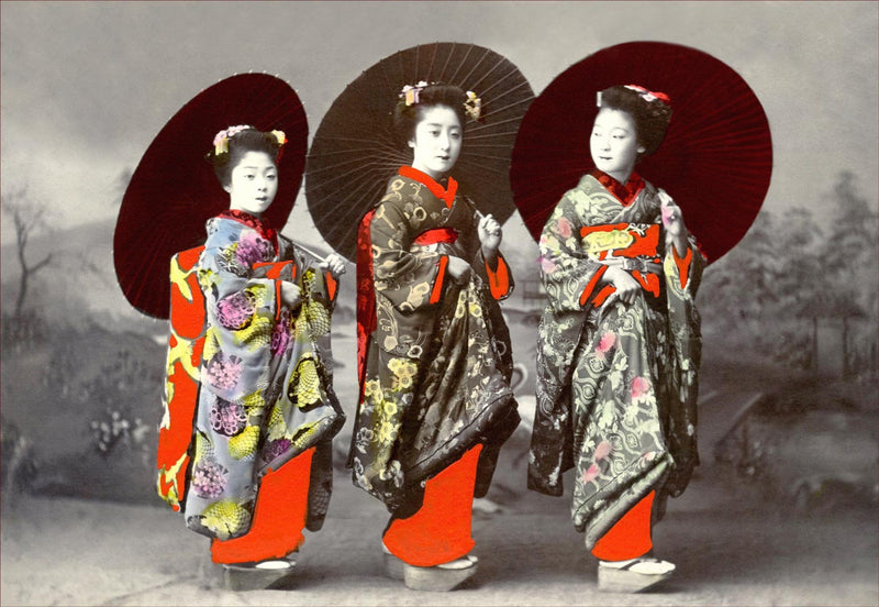 Hand Colored Photography, Japan - Kimono and Umbrellas