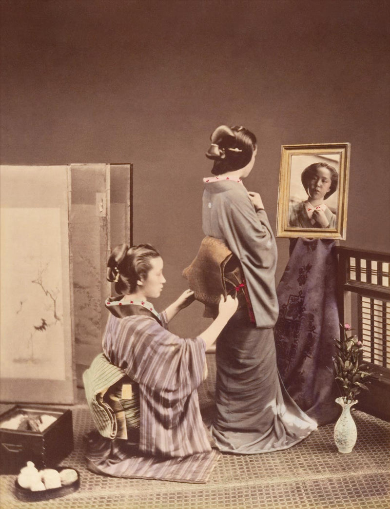 Hand Colored Photography, Japan - Woman Putting an Obi on Another