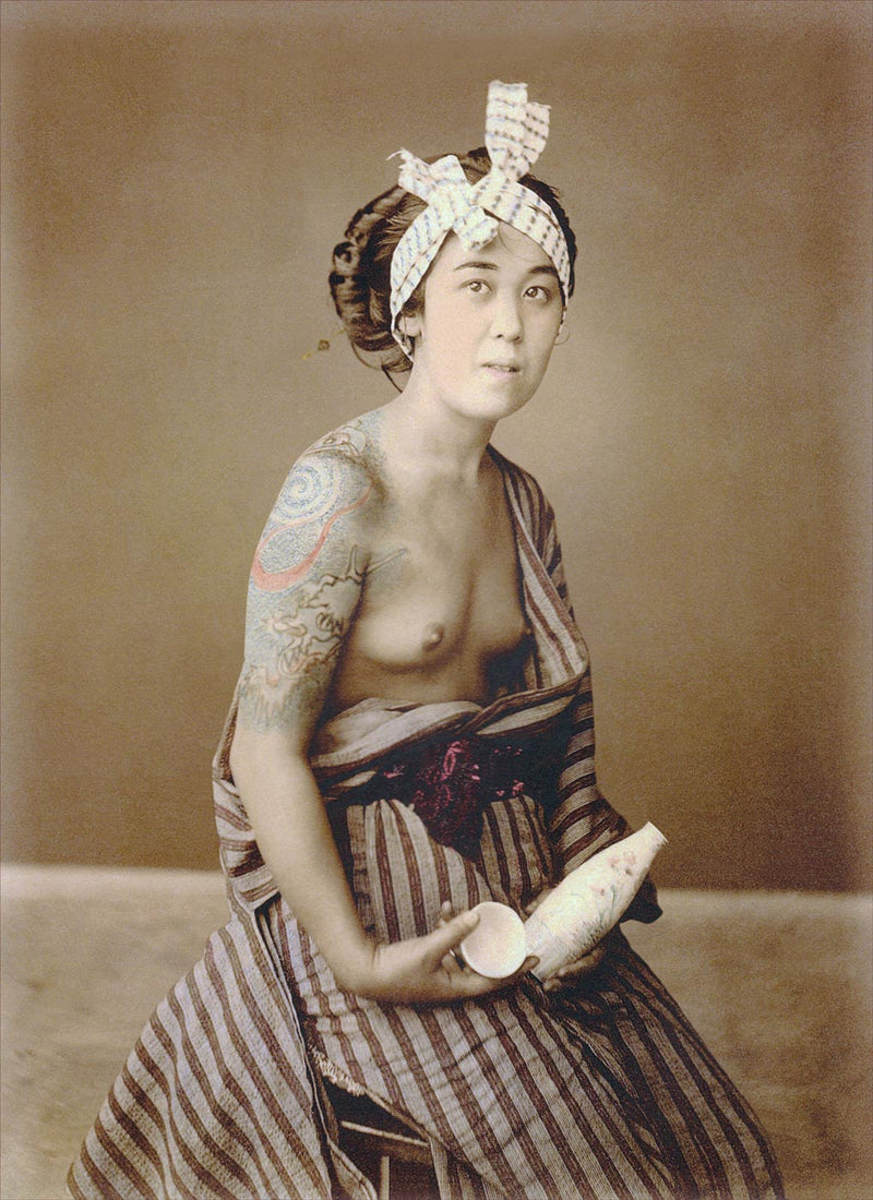 Hand Colored Photography, Japan - Tattooed Woman with a Sake Bottle