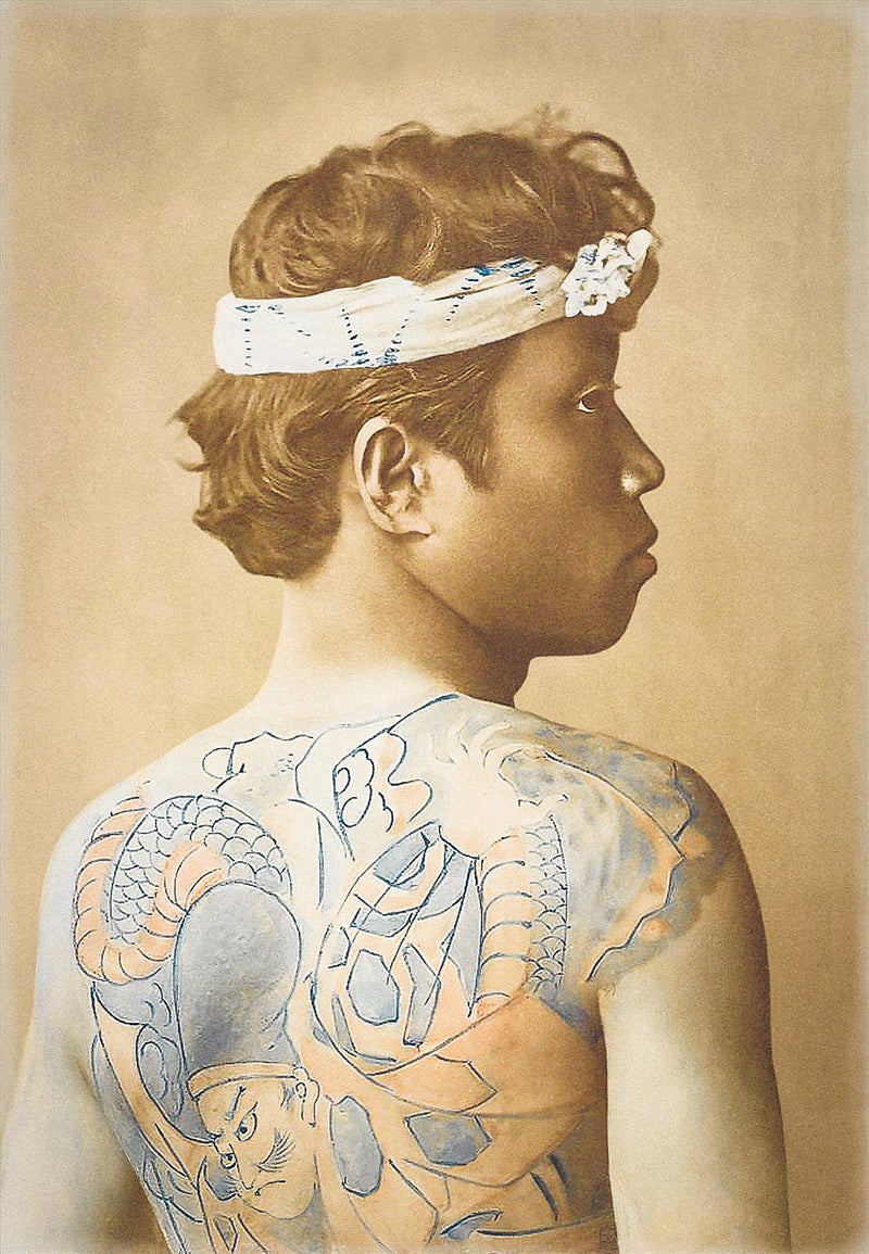 Hand Colored Photography, Japan - Tattooed man with Hachimaki 
