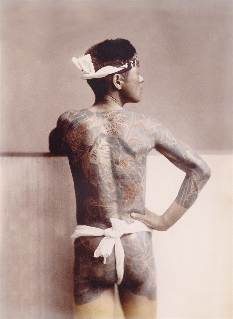 Hand Colored Photography, Japan - Tattooed Young Man Wearing Hachimaki and Fundoshi 