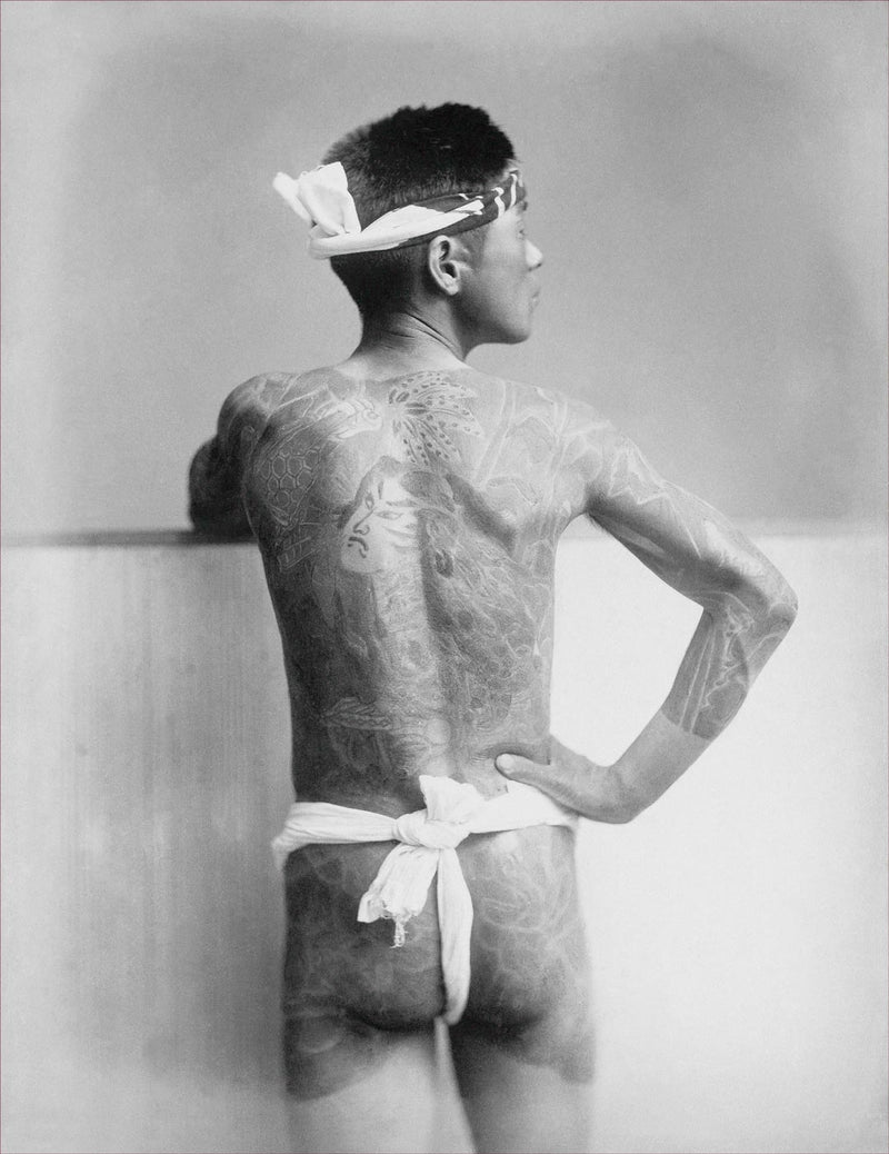 Hand Colored Photography, Japan Tattooed Young Man Wearing Hachimaki and Fundoshi (Black and White) 