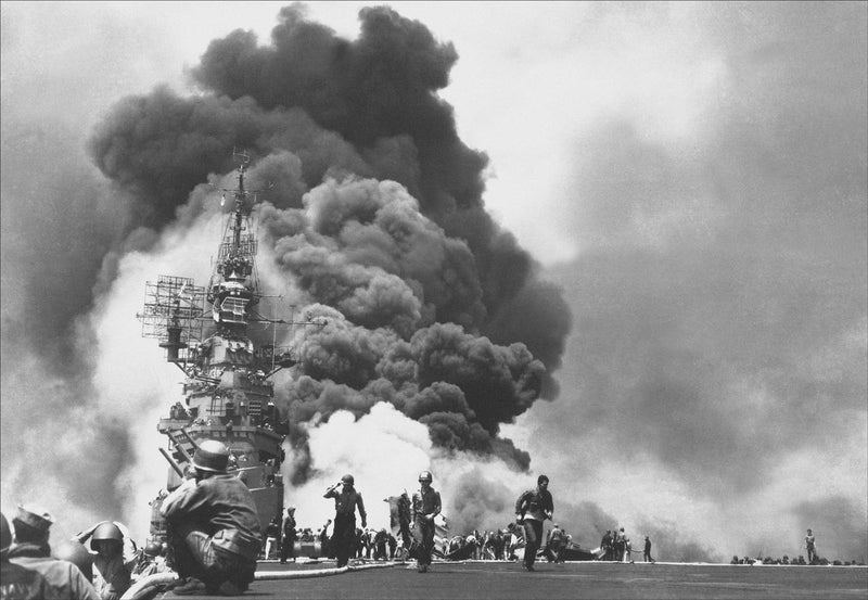 USS Bunker Hill Hit by Two Kamikaze