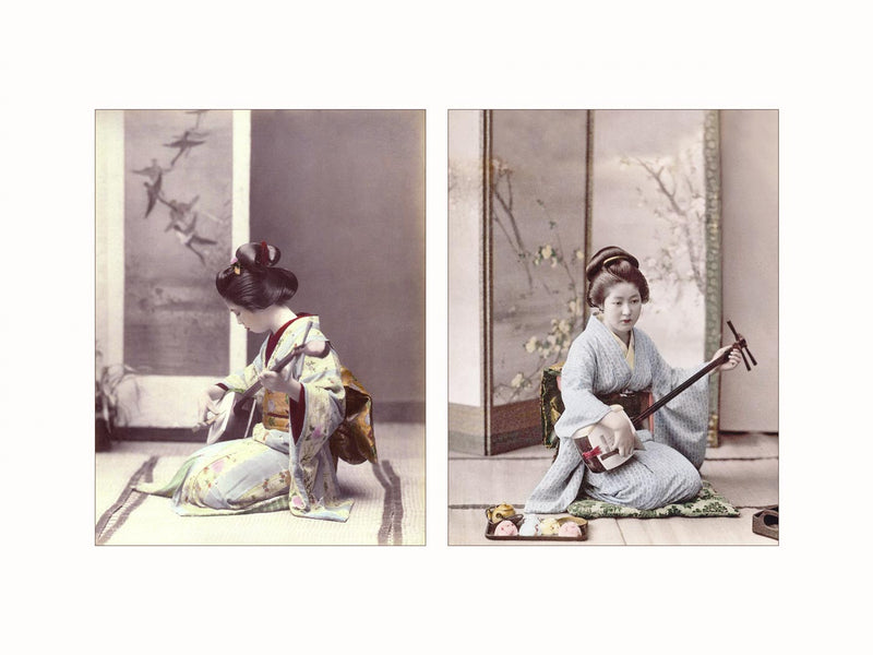 Hand Colored Photography, Japan - Geisha Playing Shamisen, c1880 - diptych