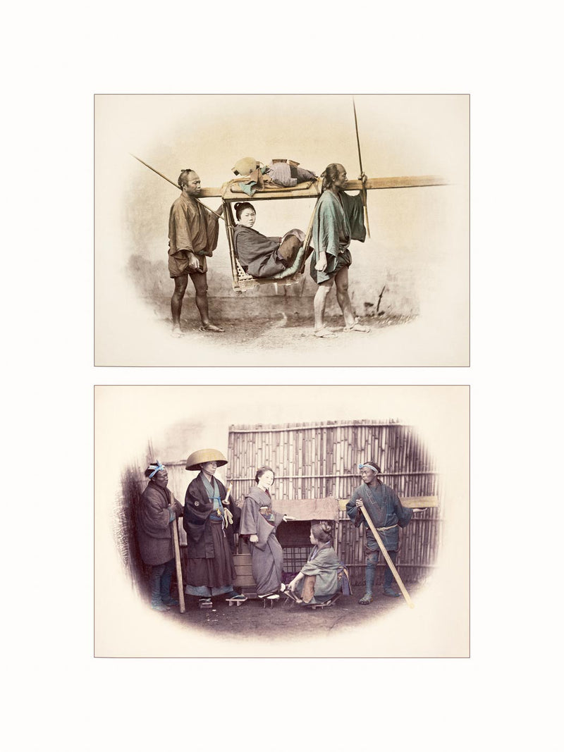 Hand Colored Photography, Japan - Kago and Sedan Chair, c1860 - diptych