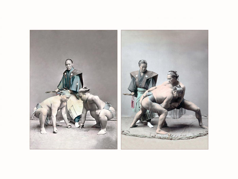 Hand Colored Photography, Japan - Sumo Wrestlers, c1880 - diptych