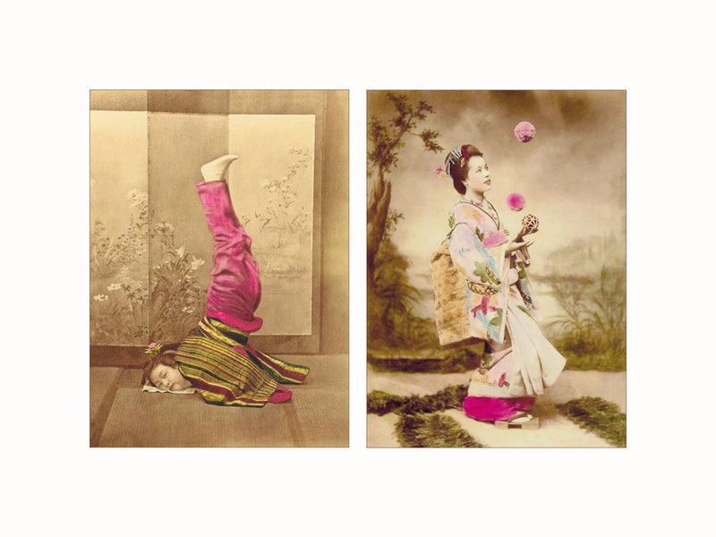 Hand Colored Photography, Japan - Geisha Acrobate, and Juggling Temari Balls, c1880 - diptych