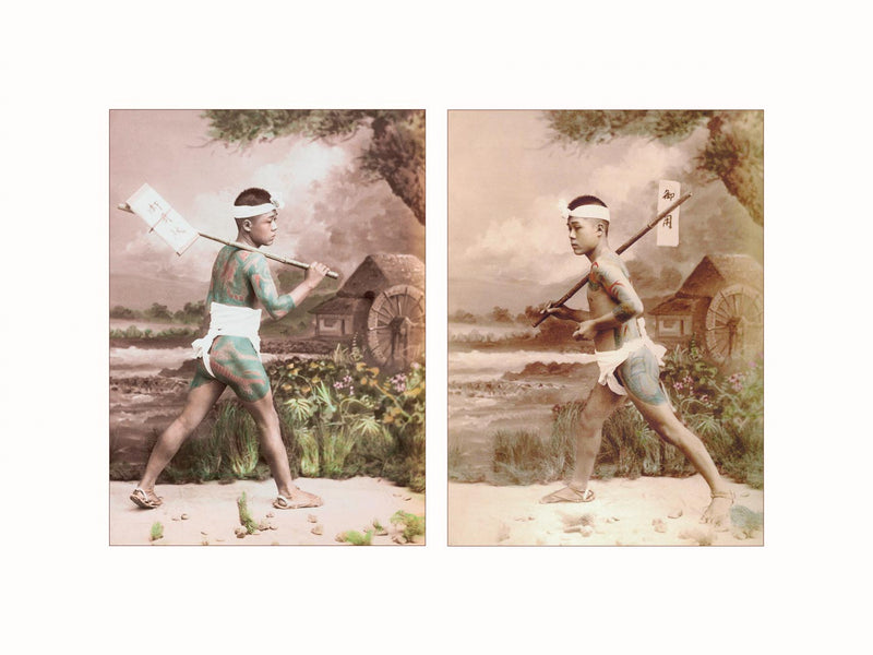 Hand Colored Photography, Japan - Tattooed Japanese Mail Runner, c1880 - diptych