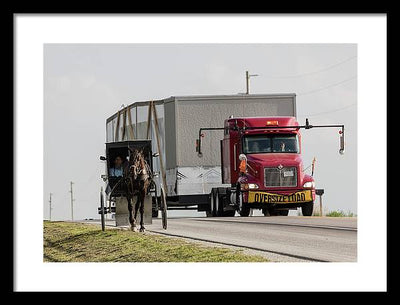 An Amish and a Massive Truck / Art Photo - Framed Print