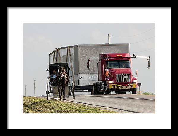 An Amish and a Massive Truck / Art Photo - Framed Print