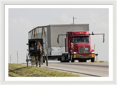 An Amish and a Massive Truck / Art Photo - Framed Print