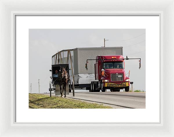 An Amish and a Massive Truck / Art Photo - Framed Print