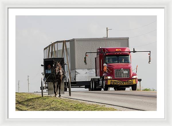 An Amish and a Massive Truck / Art Photo - Framed Print